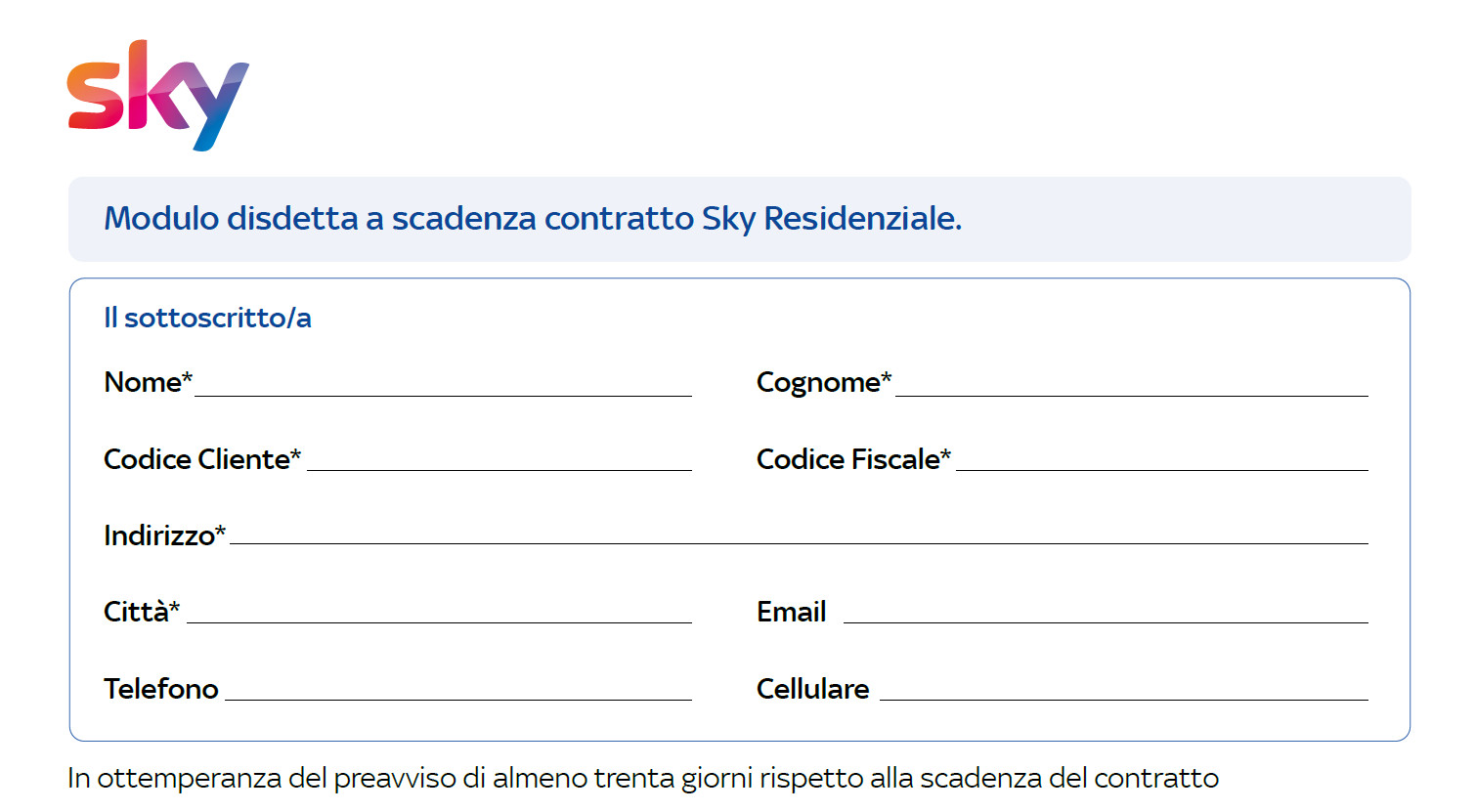 modulo di disdetta sky